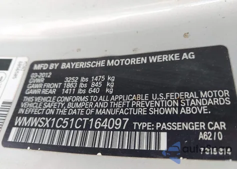 2012 Mini Cooper from USA, damaged, VIN WMWSX1C51CT164097